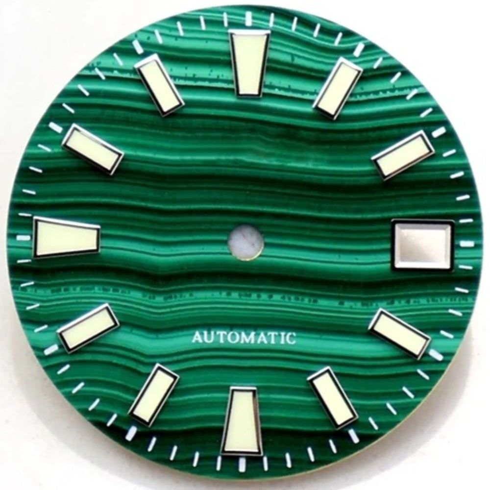 Big Nail Green 28.5mm watch dial with natural malachite veins and green lume for NH35 movement