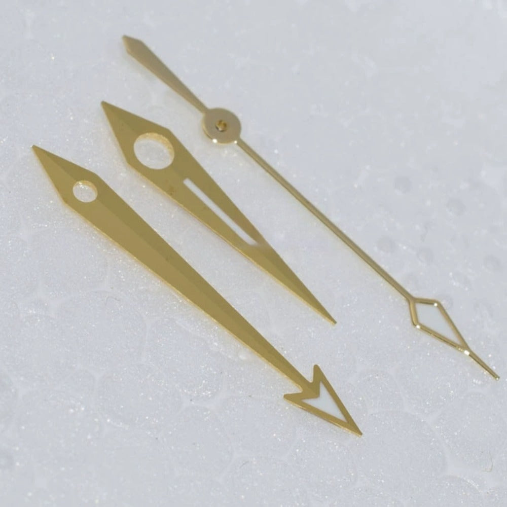 Modified golden lume watch hands for ETA2836, 2824, 2892A2 movements, 18.5x15.1x10.9mm.