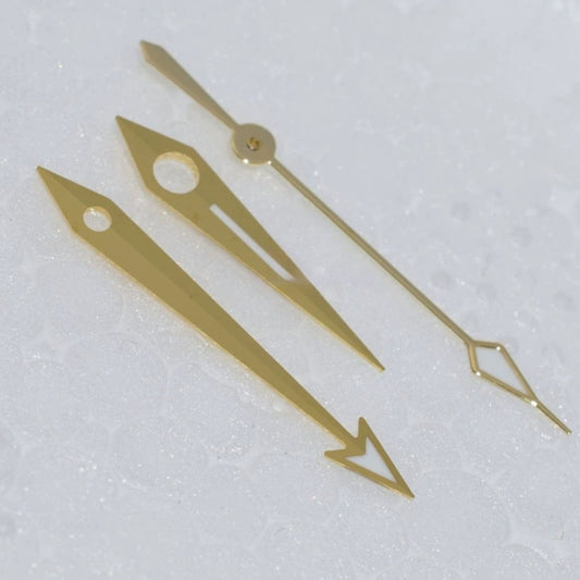 Modified golden lume watch hands for ETA2836, 2824, 2892A2 movements, 18.5x15.1x10.9mm.
