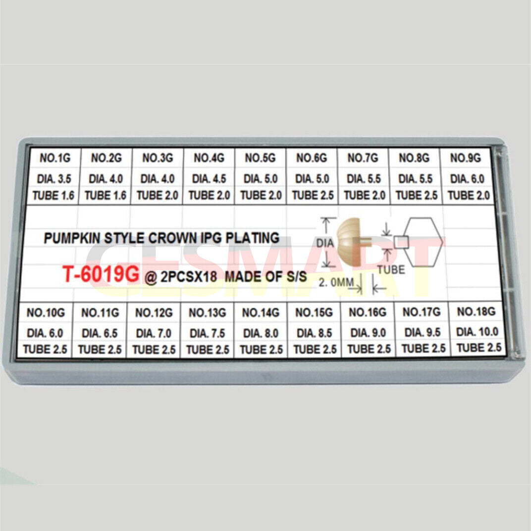 1. Golden stainless steel watch crowns set, 36pcs in 18 sizes for watch repair by Pumpkin.  