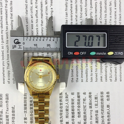 27mm Lady Manual Mechanical Watch with golden dial, 19 jewels, and elegant nail markers.