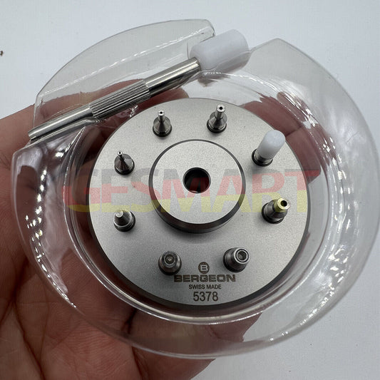 Bergeon 5378 Swiss watch hand fitting tool with 9 stakes on holder for precise accessory adjustments