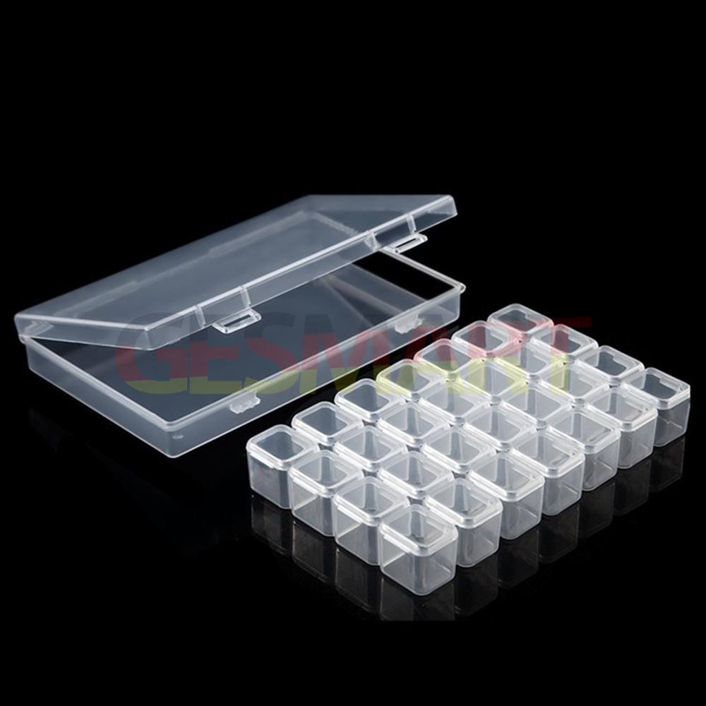 Clear 28-grid mini parts toolbox, portable with hinged lid for organized small item storage.