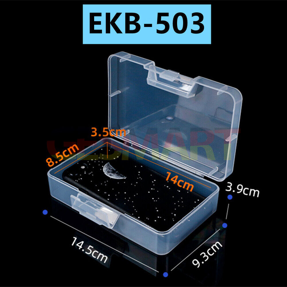 Compact 3-pack of small rectangular toolboxes (3.9x14.5x9.3cm) with hinged lids for organized storage.