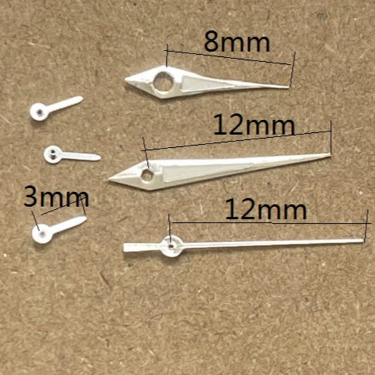 Silver trim arrow-shaped watch hands for Miyota JS15 quartz movement, precise time-telling accessory.
