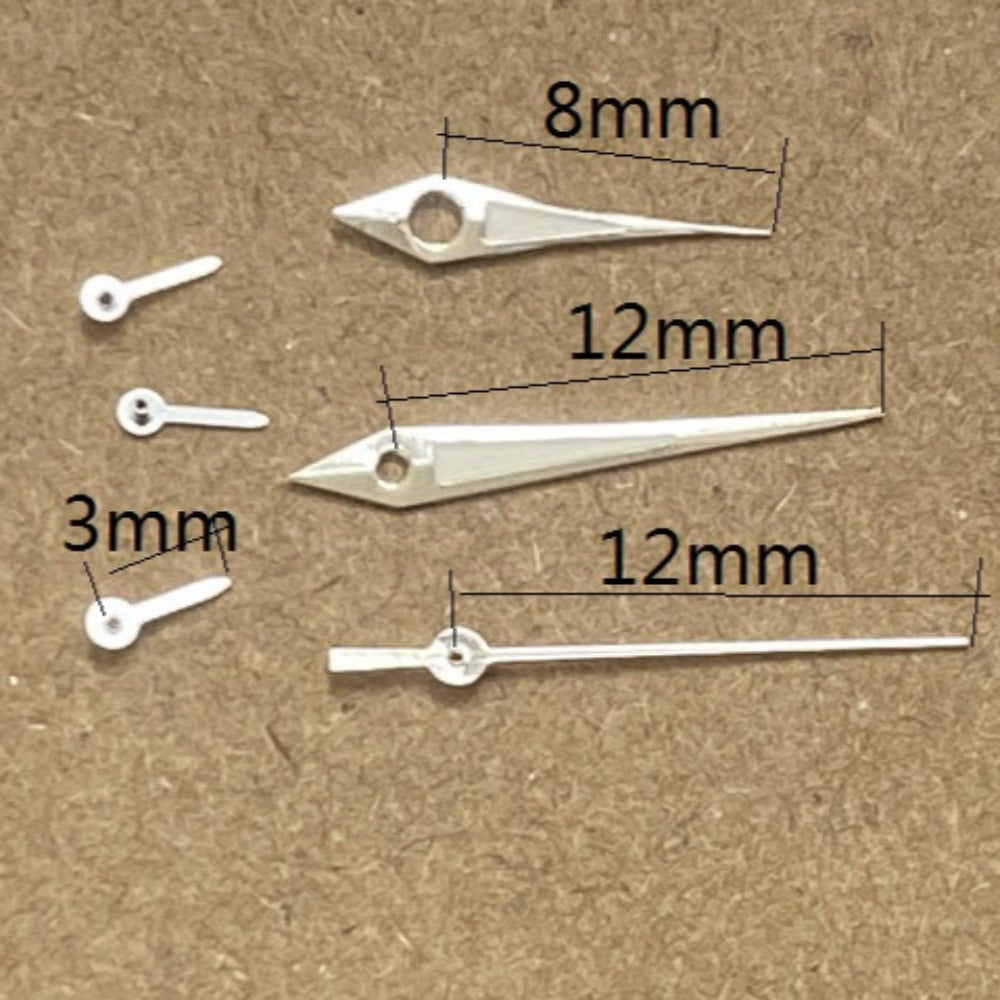 Silver trim arrow-shaped watch hands for Miyota JS15 quartz movement, precise accessory detailing.