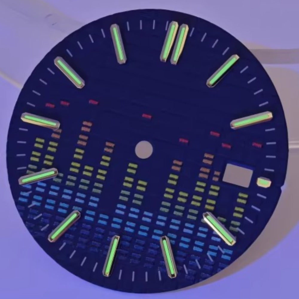 31mm blue electronic music watch dial for NH35 movement with green luminous markers, no logo, precise fit