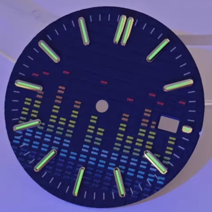 31mm blue electronic music watch dial for NH35 movement with green luminous markers, no logo, precise fit