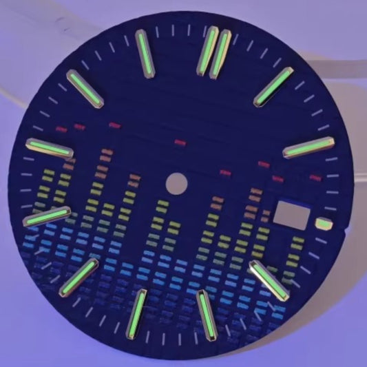 31mm blue electronic music watch dial for NH35 movement with green luminous markers, no logo, precise fit