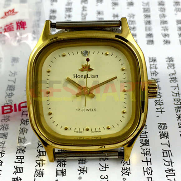 33mm HONGLIAN Manual Mechanical Watch Yellow Dial Golden Nail Square Golden Case