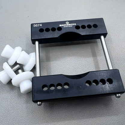 Swiss Bergeon 5674 vise jaws holder for secure watch case clamping, ideal for precise repair tasks.