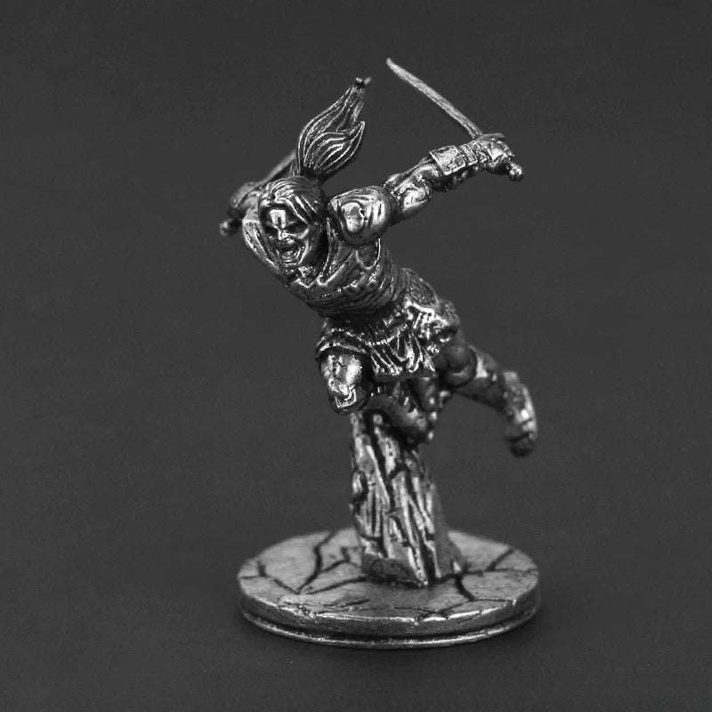 White Brass Figurine Fridtjof Ranger Miniature - Leaping Female Dual-Wielding Swords Figure
