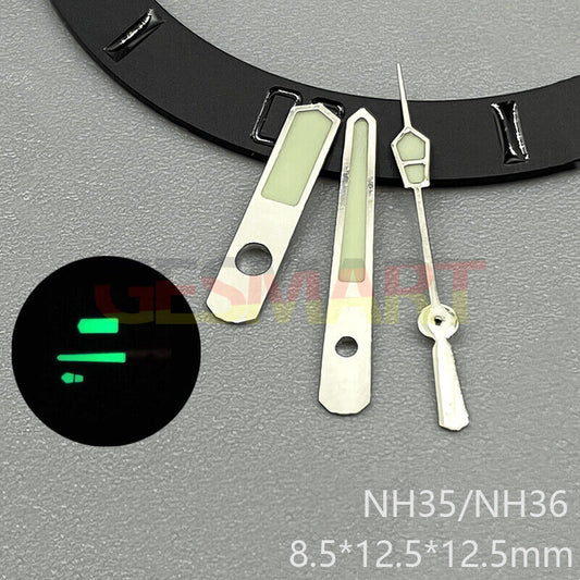 Aiguilles de montre lumineuses vertes et argentées pour NH35, NH36, NH38, NH70, NH71, NH72