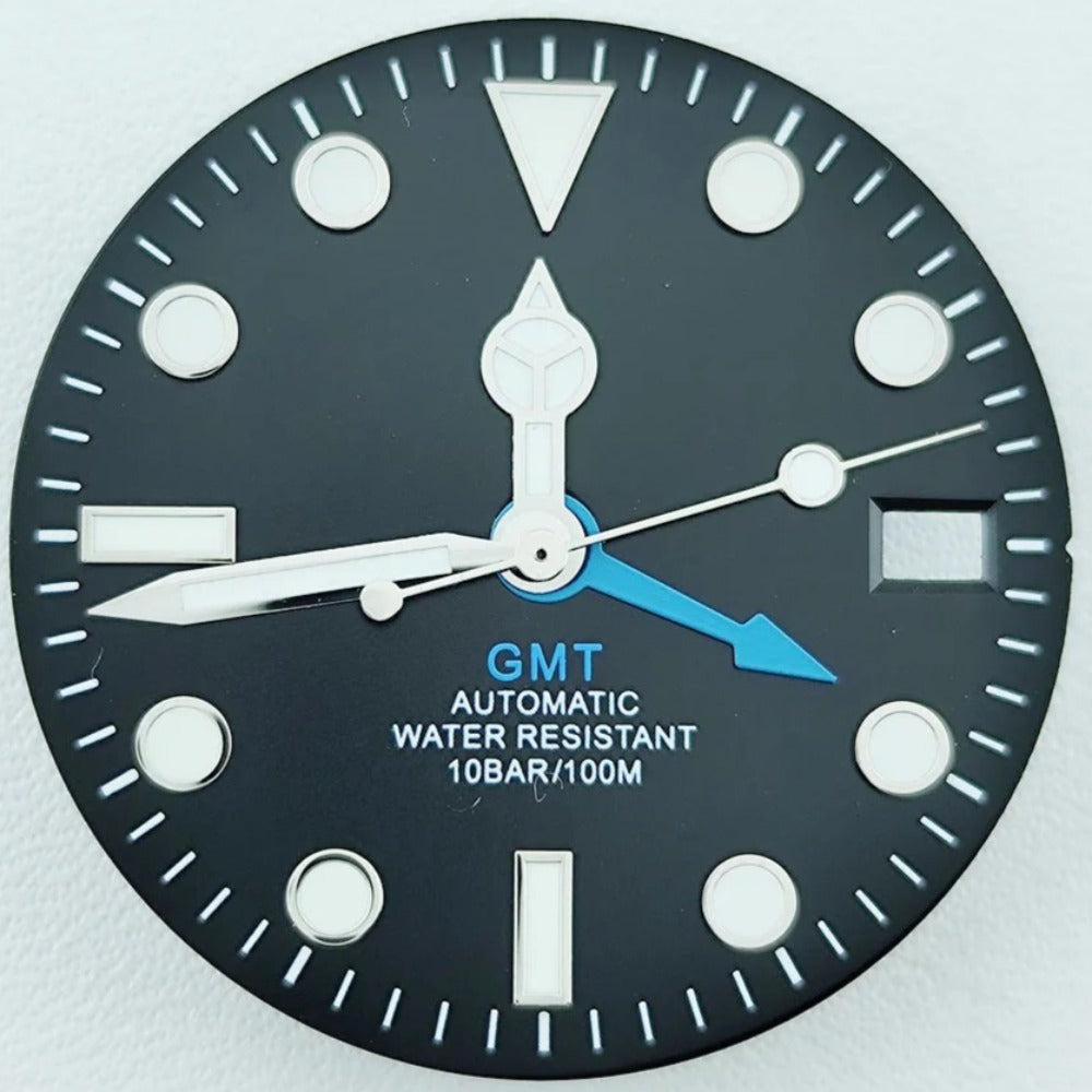 Black 28.5mm Silver Trim Blue GMT Hand Lume Watch Dial with Hands Fit for NH34