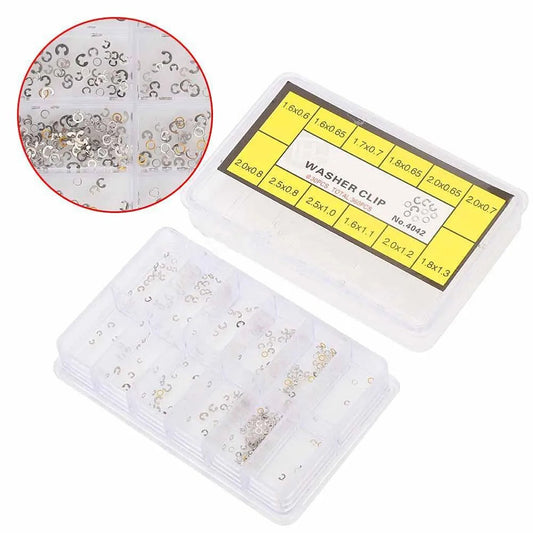 360pcs watch washer clip set with 12 sizes, ideal for chronograph repair and watch pusher button adjustment.