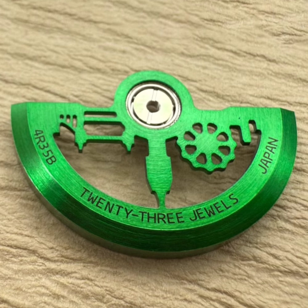 Green hollow rotor oscillating weight for NH35 NH36, architectural style design, watch accessory detail.