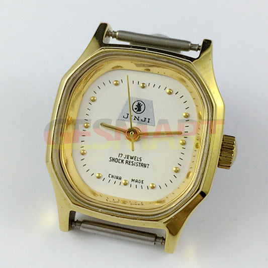 SHANGHAI JINJI 26mm manual mechanical lady watch with 17 jewels and golden octagonal case, elegant design.