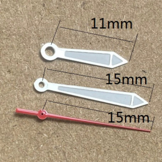 Aiguilles de montre luminescentes rouges et vertes pour mouvement à quartz Ronda 515, 11 x 15 x 15 mm, garniture argentée