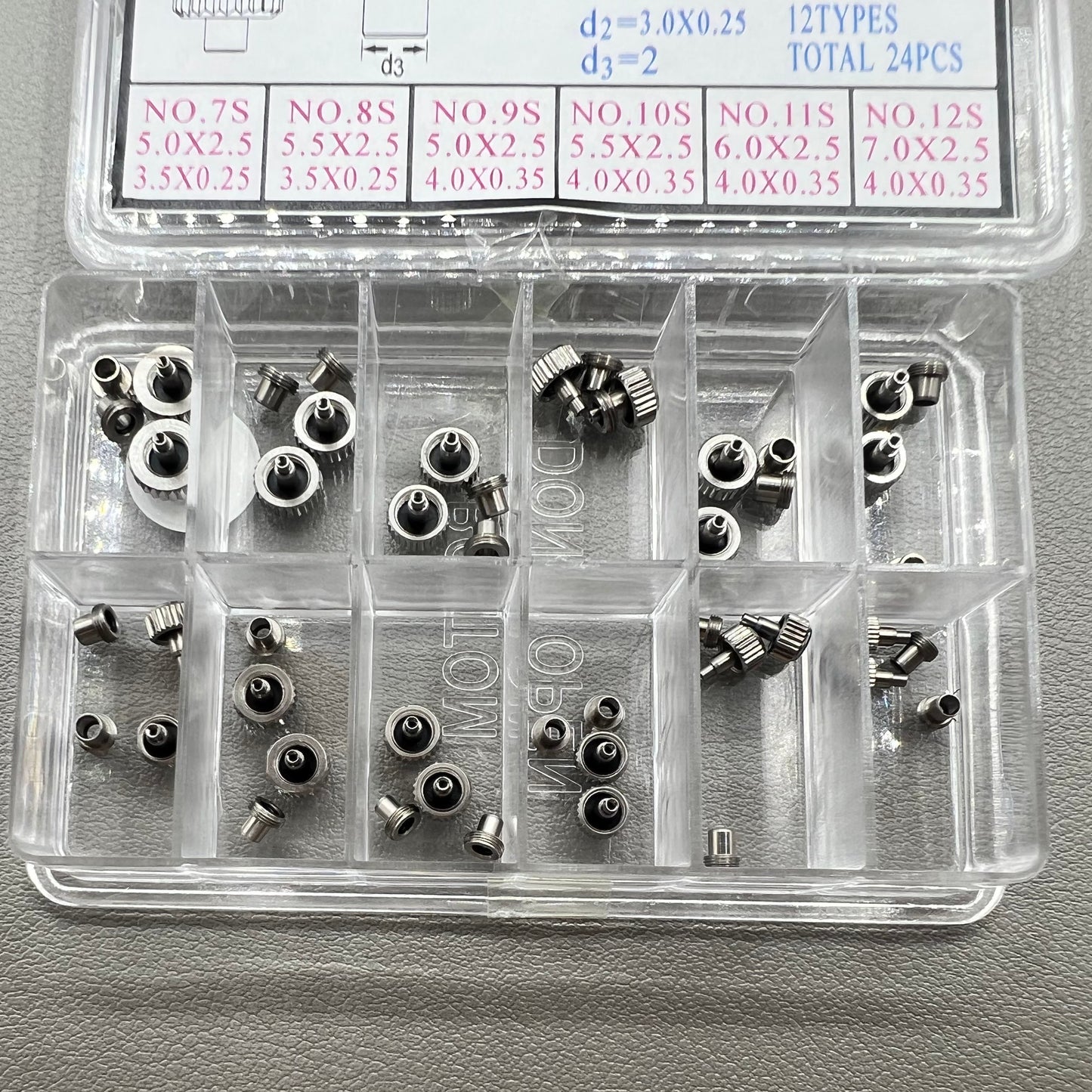 1. Set of 2 stainless steel screw crowns, 12 types, for watch accessories.