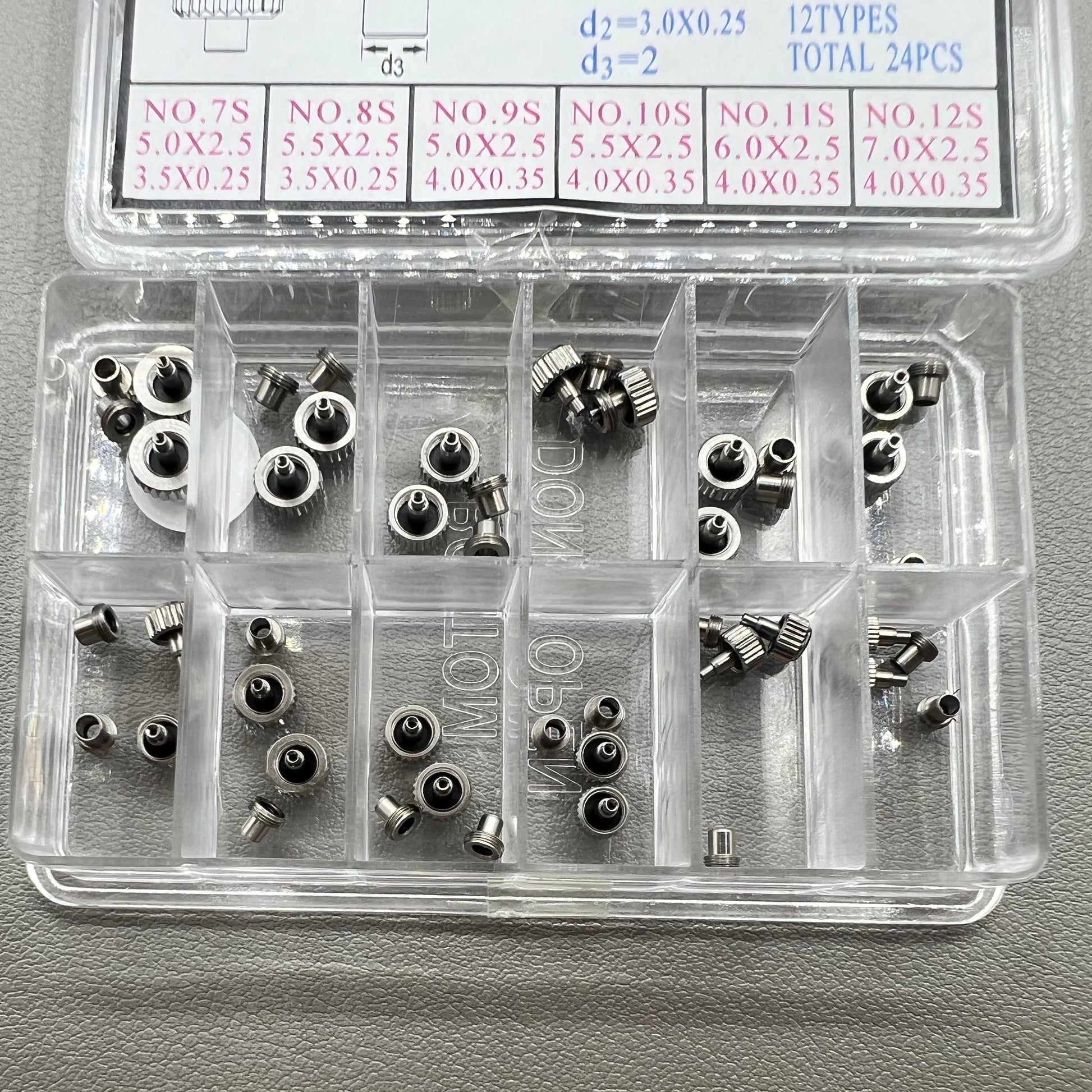 1. Set of 2 stainless steel screw crowns, 12 types, for watch accessories.