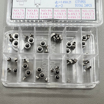 1. Set of 2 stainless steel screw crowns, 12 types, for watch accessories.