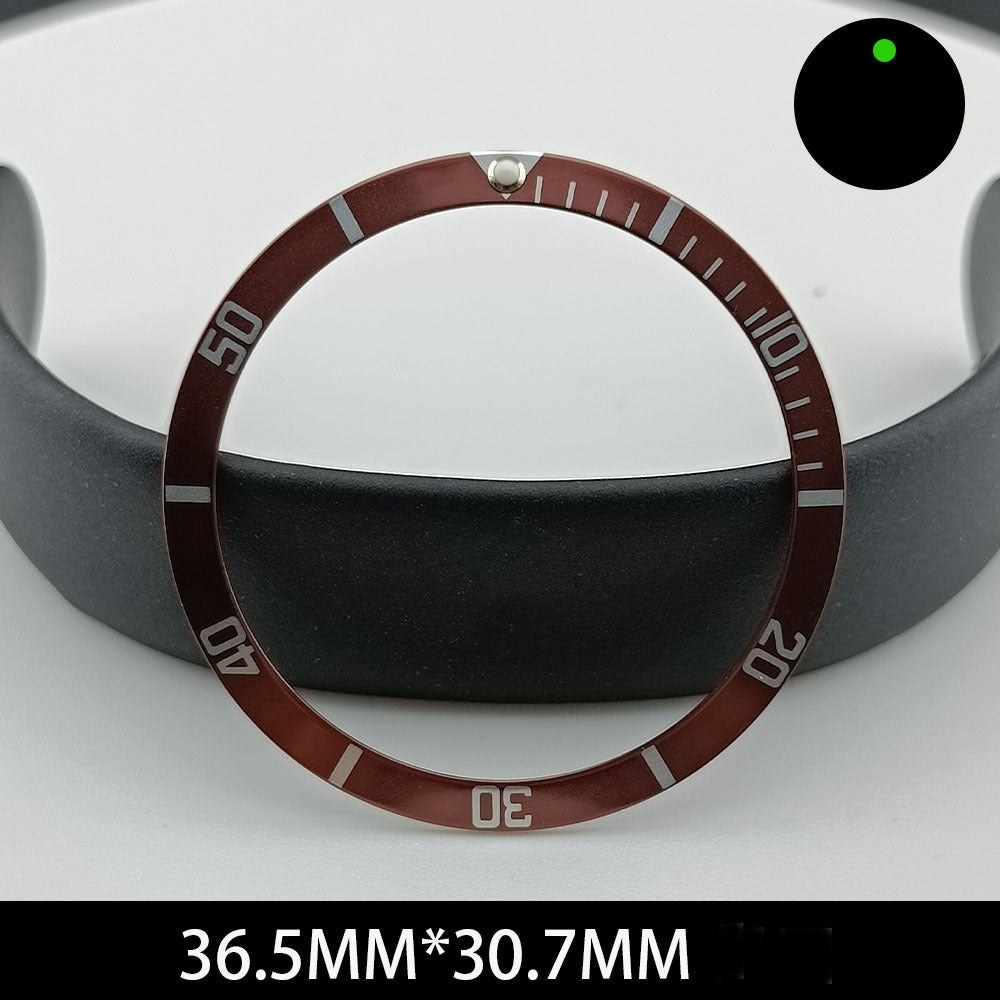 Green lume aluminum watch bezel with white font, 36.5x30.7mm slope design, brown finish for watch repair.