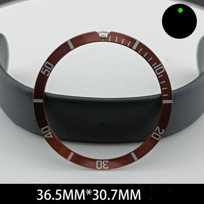 Green lume aluminum watch bezel with white font, 36.5x30.7mm slope design, brown finish for watch repair.