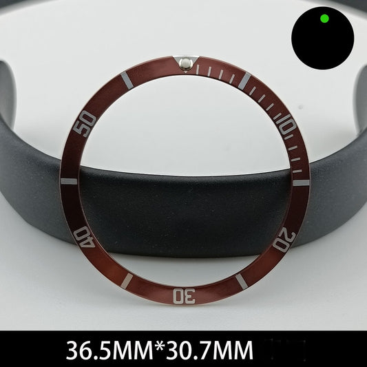 Green lume aluminum watch bezel with white font, 36.5x30.7mm slope design, brown finish for watch repair.