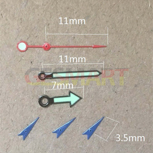 Aiguilles de montre lumineuses vertes en forme de flèche de 11 mm pour Miyota OS10 OS20 OS60 OS80