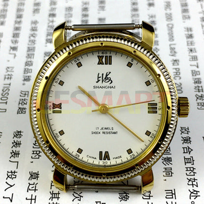 Shanghai Factory 38mm manual mechanical watch with golden shock-resistant case, classic design for elegant style.