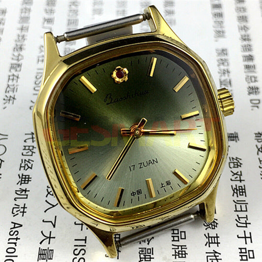 33mm Shanghai watch with golden nails and gradient dark green dial, classic manual mechanical design