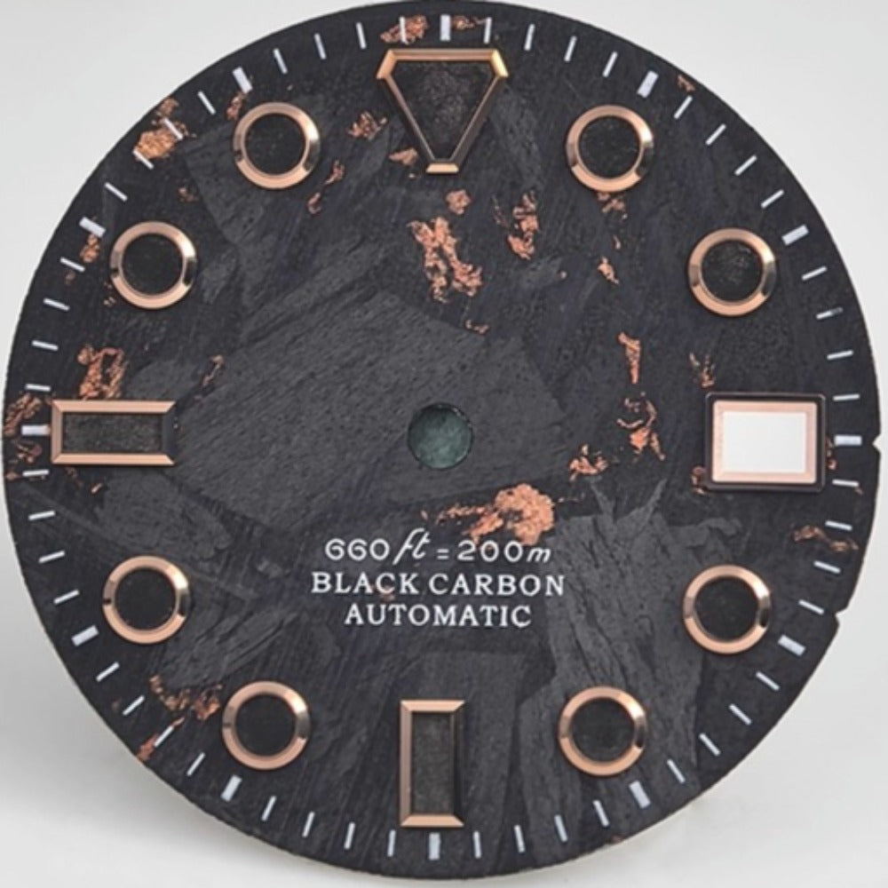 Rose gold and black 28.5mm carbon fiber watch dial for NH34/NH35 movement, sleek design.