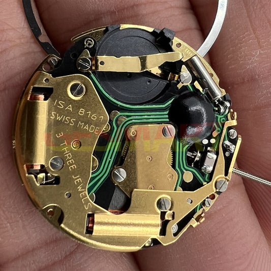 ISA 8161 golden watch part with Swiss quartz movement and 3 hands, ideal for precise watch repairs.