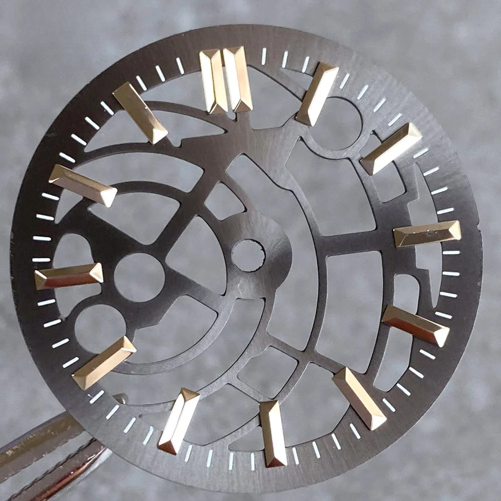 29mm grey hollow watch dial for NH35/NH38/NH70/NH72 movement, sleek design, no logo.