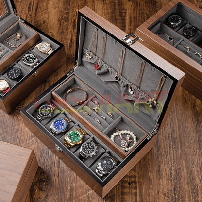 Walnut wood watch box, 5-slot double-layer organizer with soft cushions for elegant storage and display.