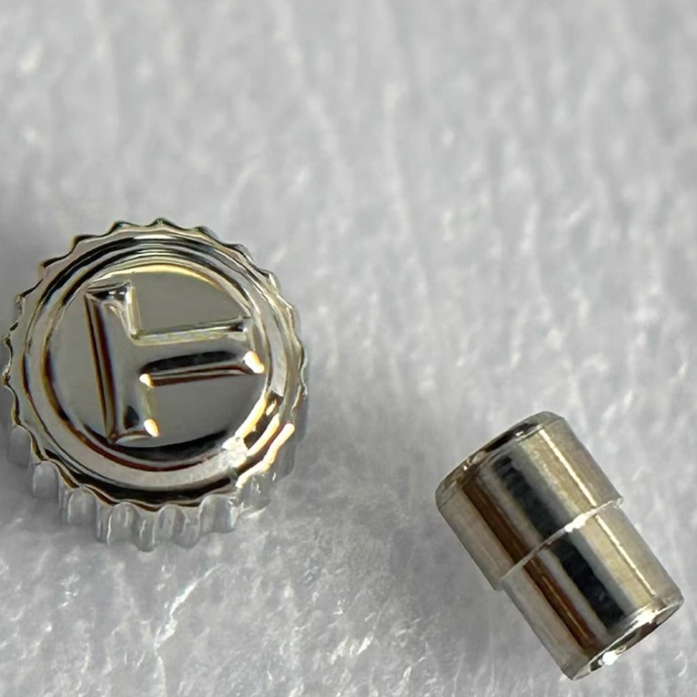 Steel silver large watch crown for Tissot T95, durable replacement part for repair and restoration.