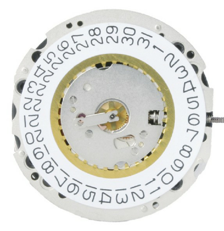 Ronda 704 Quartz watch movement showing date window at 3 o'clock and 6 o'clock positions
