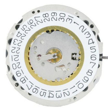 Ronda 704 Quartz watch movement showing date window at 3 o'clock and 6 o'clock positions