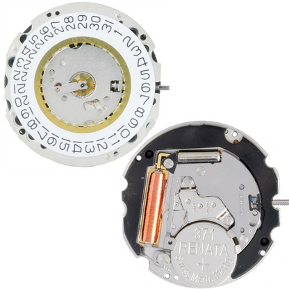 Ronda 704 Quartz watch movement with dual date windows at 3 and 6 o'clock positions for precise timekeeping