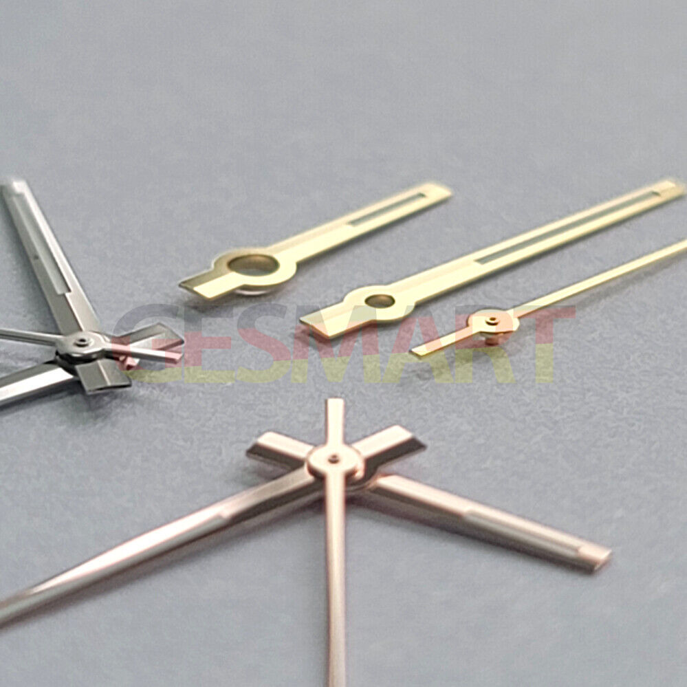 Silver and gold trimmed green luminous watch hands compatible with NH35, NH36, 4R, and 7S movements.