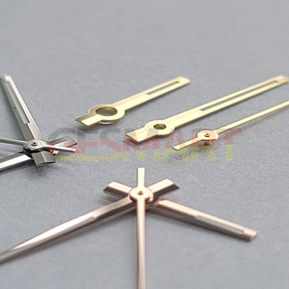 Silver and gold trimmed green luminous watch hands compatible with NH35, NH36, 4R, and 7S movements.