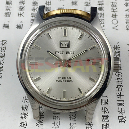 PUBU 32mm manual mechanical watch with grey dial, nail markers, 17 jewels, China made stylish accessory.