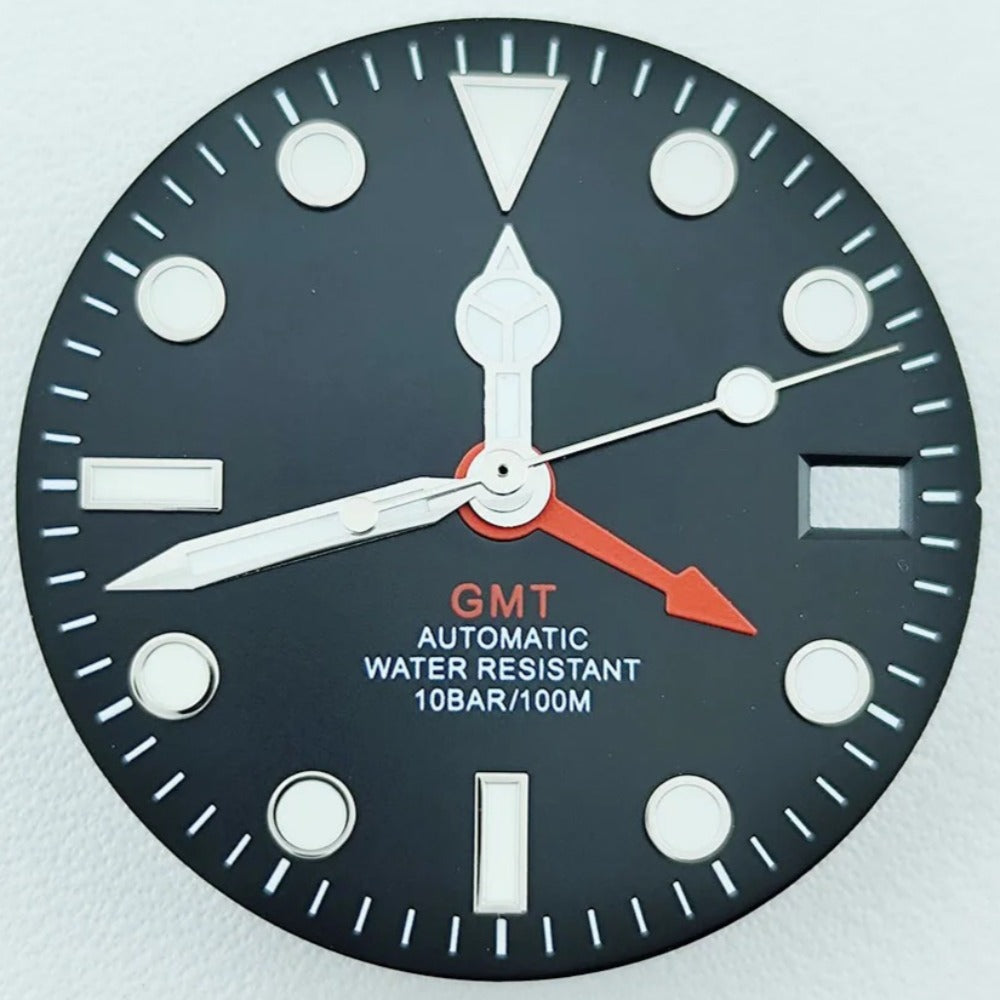28.5mm Silver Trim Red Pointed GMT Hand Lume Watch Dial with Hands for NH34