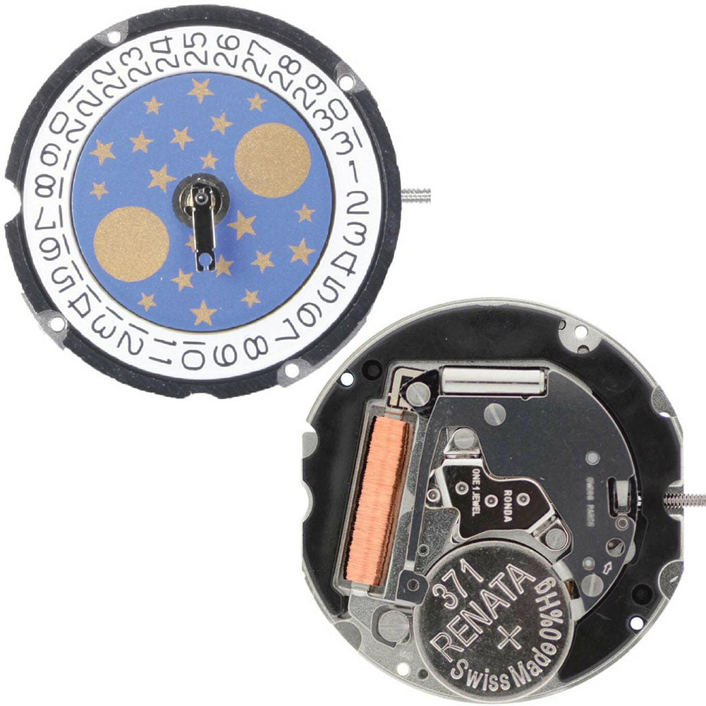 Ronda 708 quartz watch movement with date display at 3 o'clock, precise timing by Ronda.