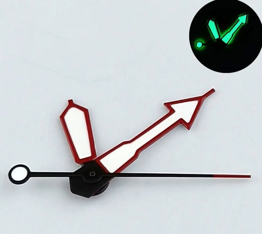 Arrow shaped green lume watch hands with dark red trim for NH35 NH36 7S26 NH70 movements.