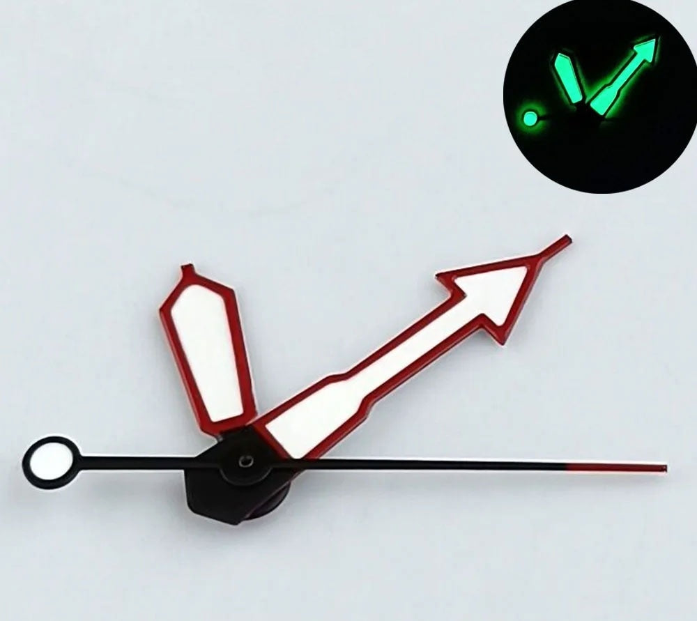 Arrow-shaped watch hands with green lume and dark red trim for NH35, NH36, 7S26, NH70 movements.