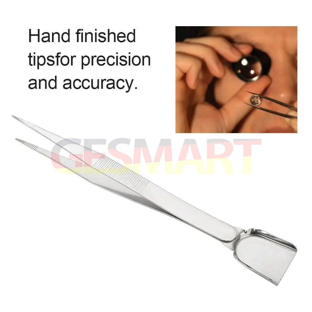 Jewelry Diamond Tweezers with scoop shovel, ideal for precise stone and gem bead handling.