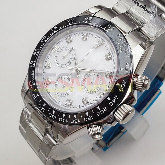 Men's 39mm VK63 chronograph watch with sapphire crystal, white dial, and durable sapphire glass.