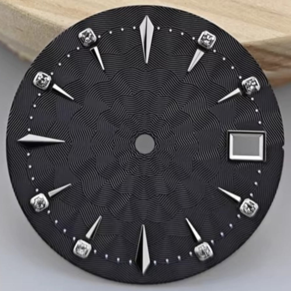 29mm black radial vein watch dial for NH35 movement, single calendar, elegant design.