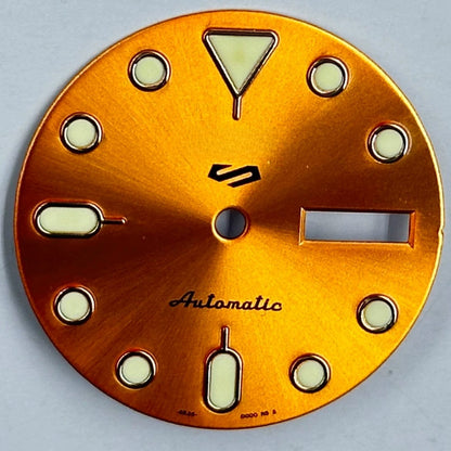 Orange and silver trim Datejust dial with green lume for NH35 NH36 watch movement, stylish and luminous.